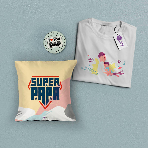 T-Shirt, Fridge Magnet and Cushion Fathers Day Gift Combo - Uncommongifts.in